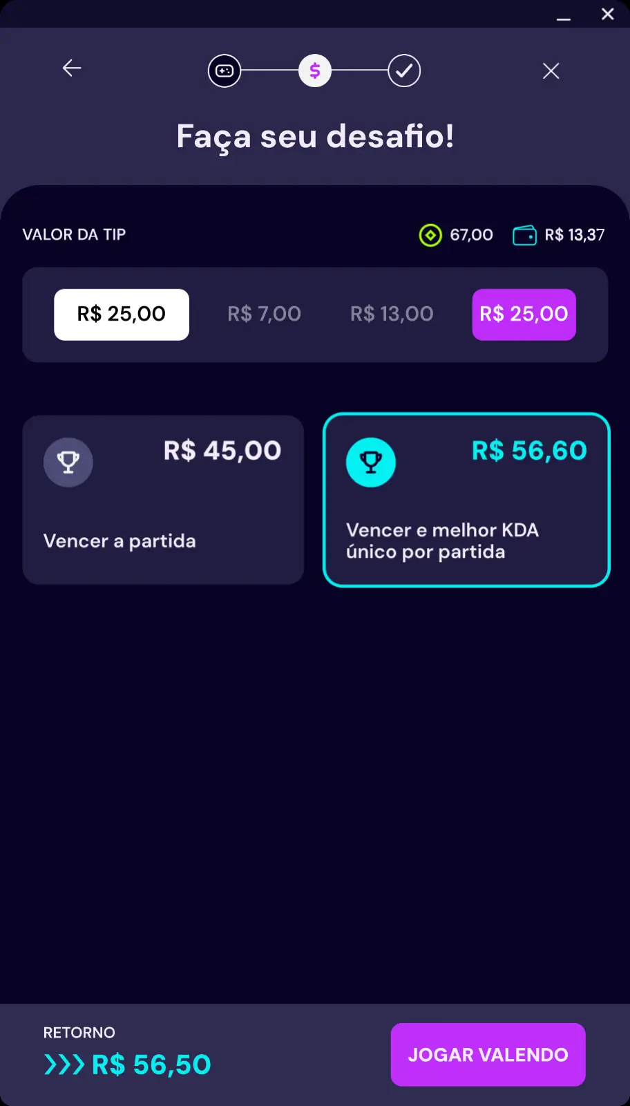 Tela de escolha do desafio de Dota 2 na Tipspace