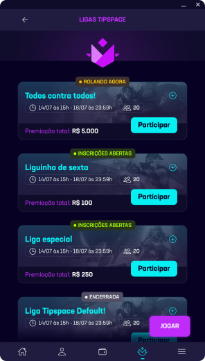 Lista de ligas no aplicativo da Tipspace