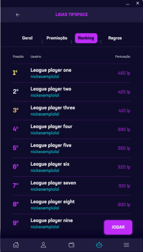 Ranking de uma liga no aplicativo da Tipspace