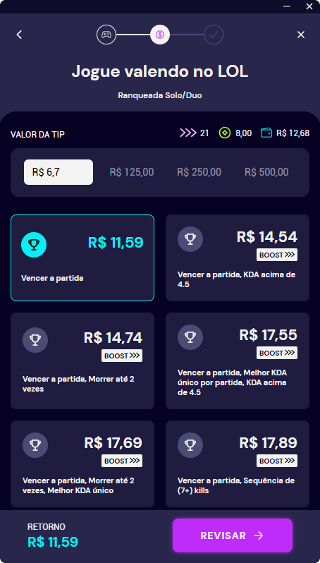 Tela de escolha de desafios da Tipspace