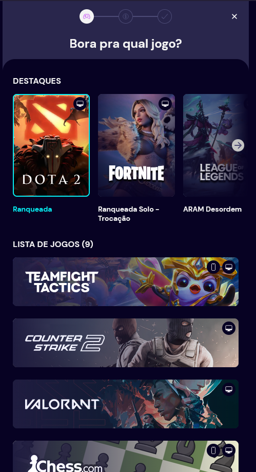Tela de escolha do jogo na Tipspace