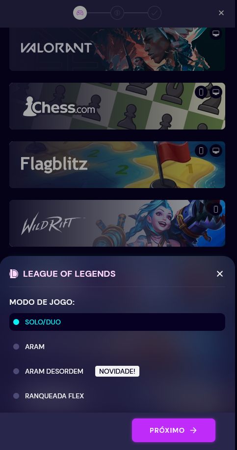 Tela de escolha do modo de jogo do League of Legends na Tipspace